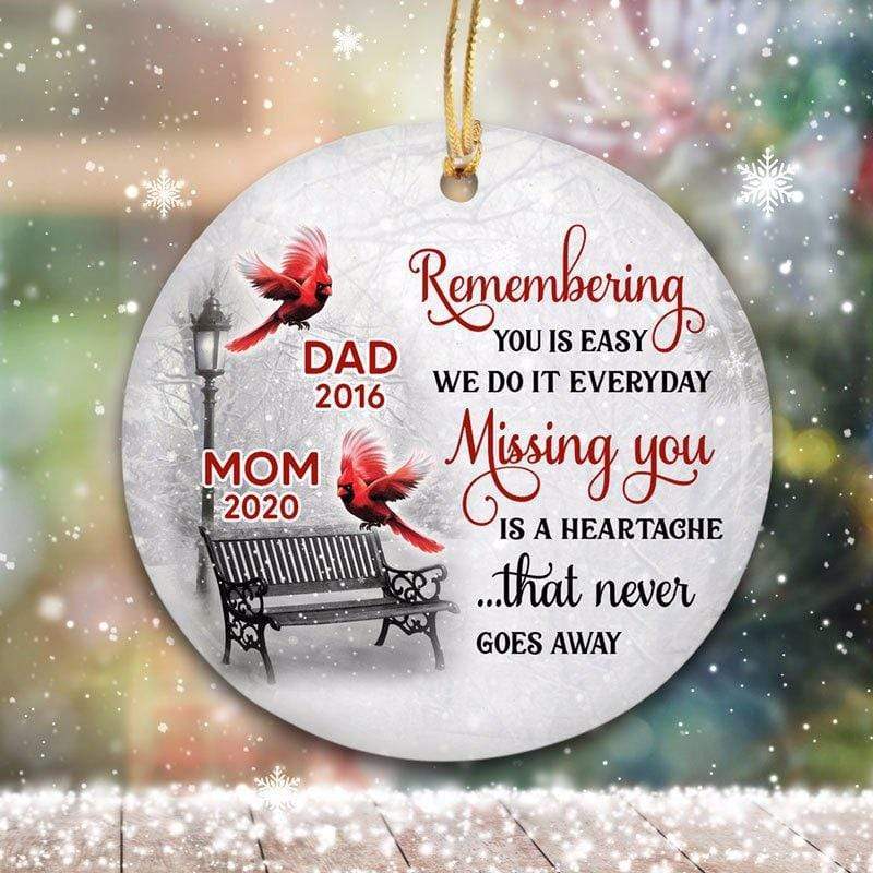 Cardinals Winter Memorial Personalized Ceramic Circle Ornament, Christmas Tree Decor