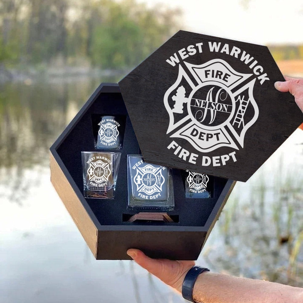 Personalized Firefighter Hexagon Decanter Set Full, Firefighter Gift