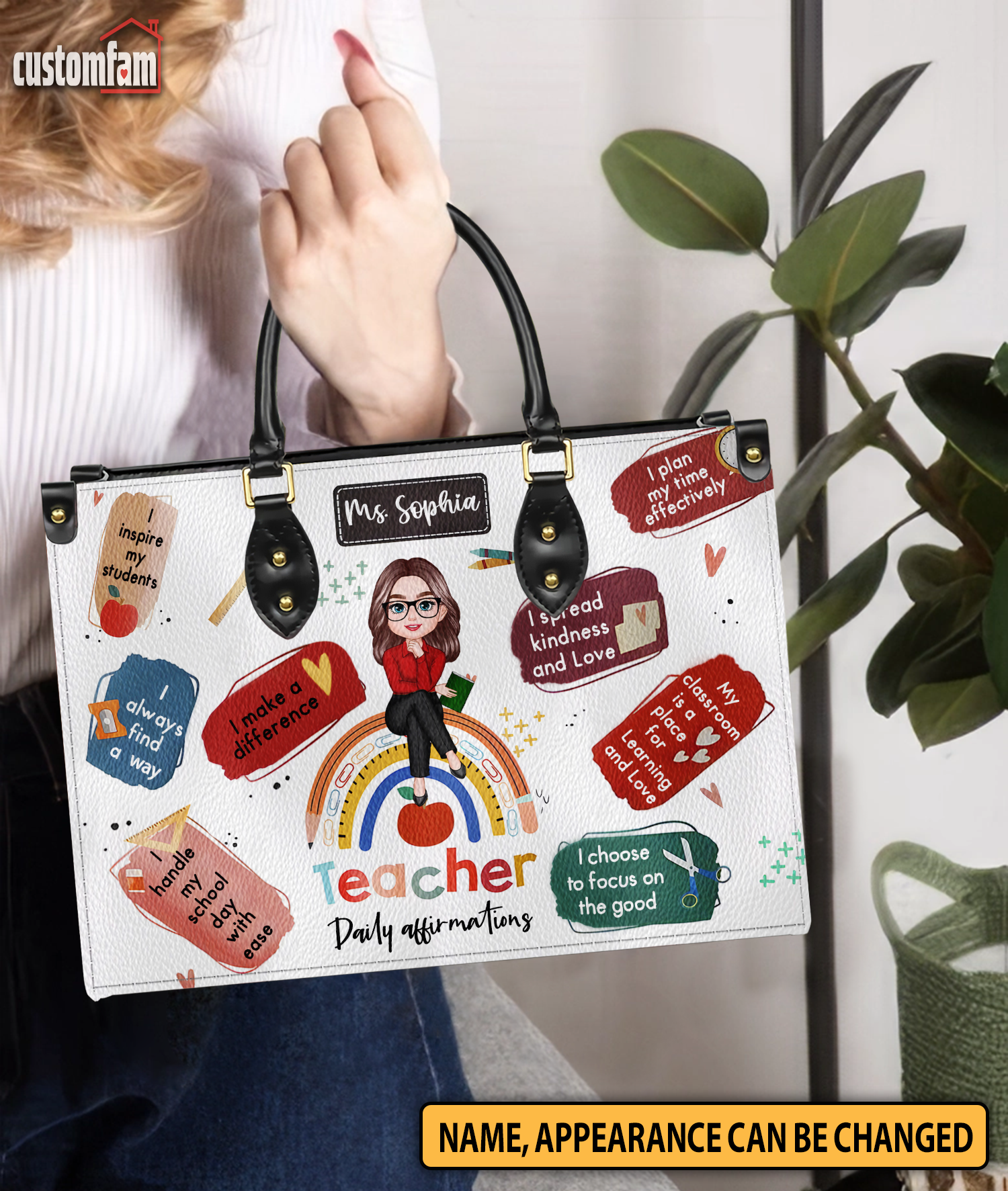 Teacher Daily Affirmations Personalized Elementary Teacher Leather Handbag, Teacher Appreciation Gifts