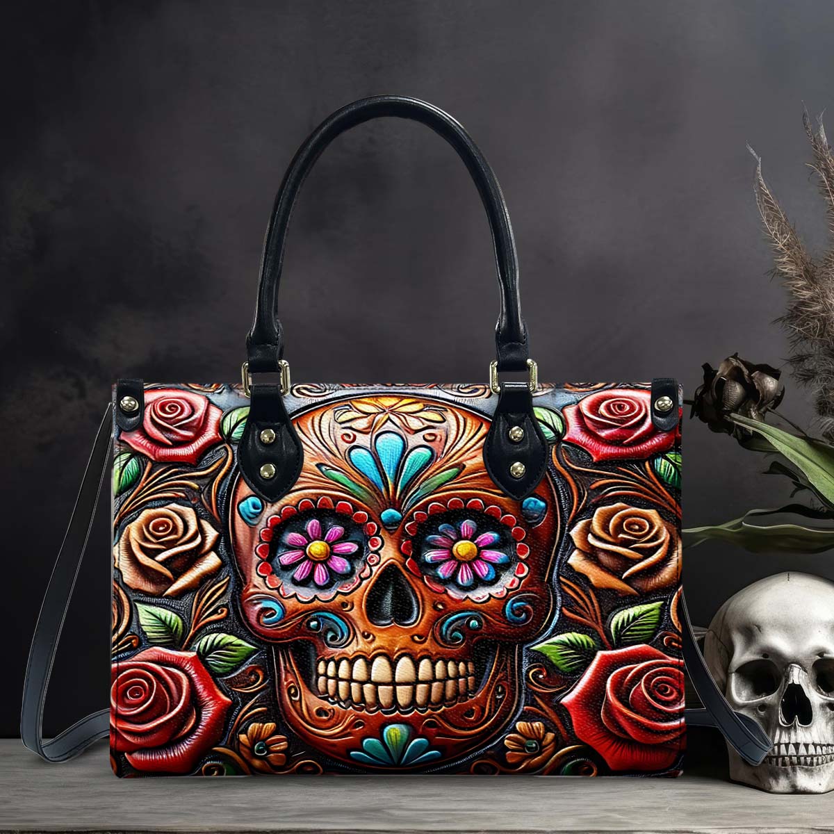 Roses And Skull Personalized Skull Leather Handbag, Purse Handbag Set, Halloween Gift, Purse And Wallet Set