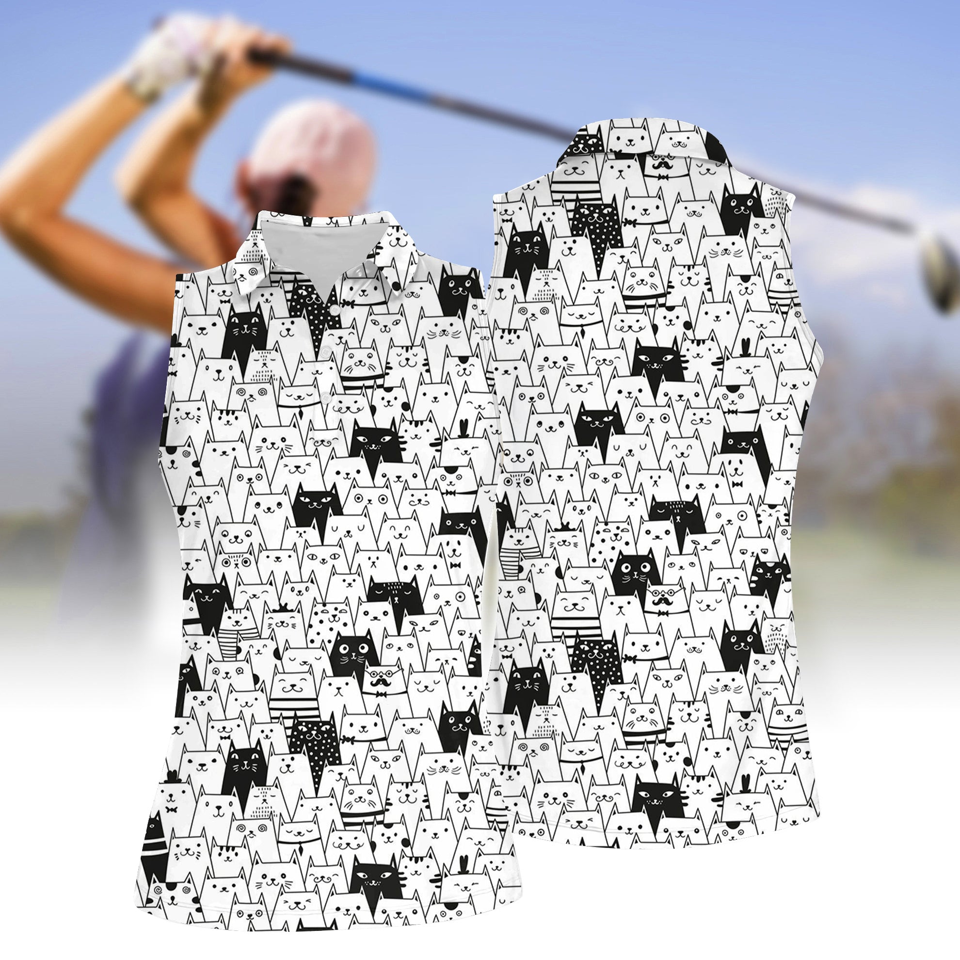Cat Print Funny Womens  Sleeveless Polo Shirt, Womens Golf Gifts