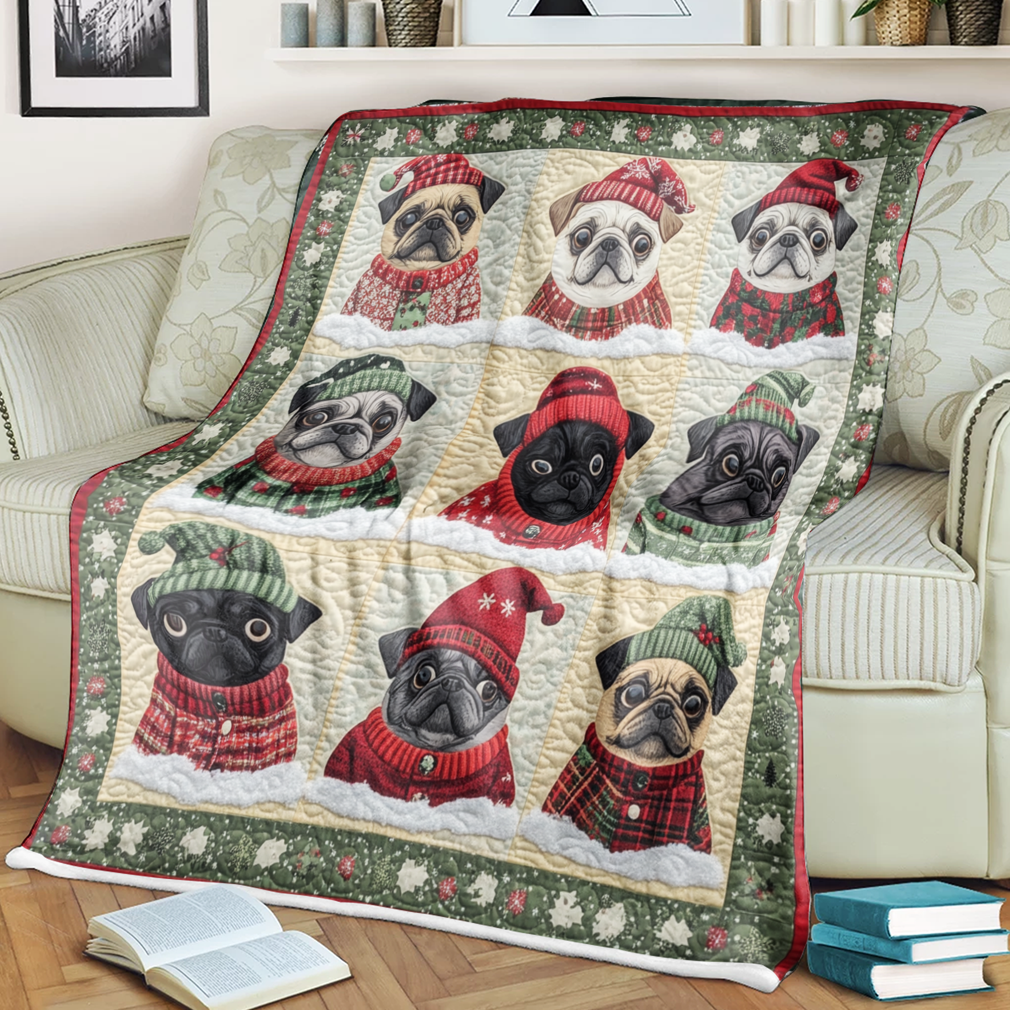 Cute Pugs And Ugly Sweaters Christmas Blanket, Bedroom Decor, Christmas Gifts