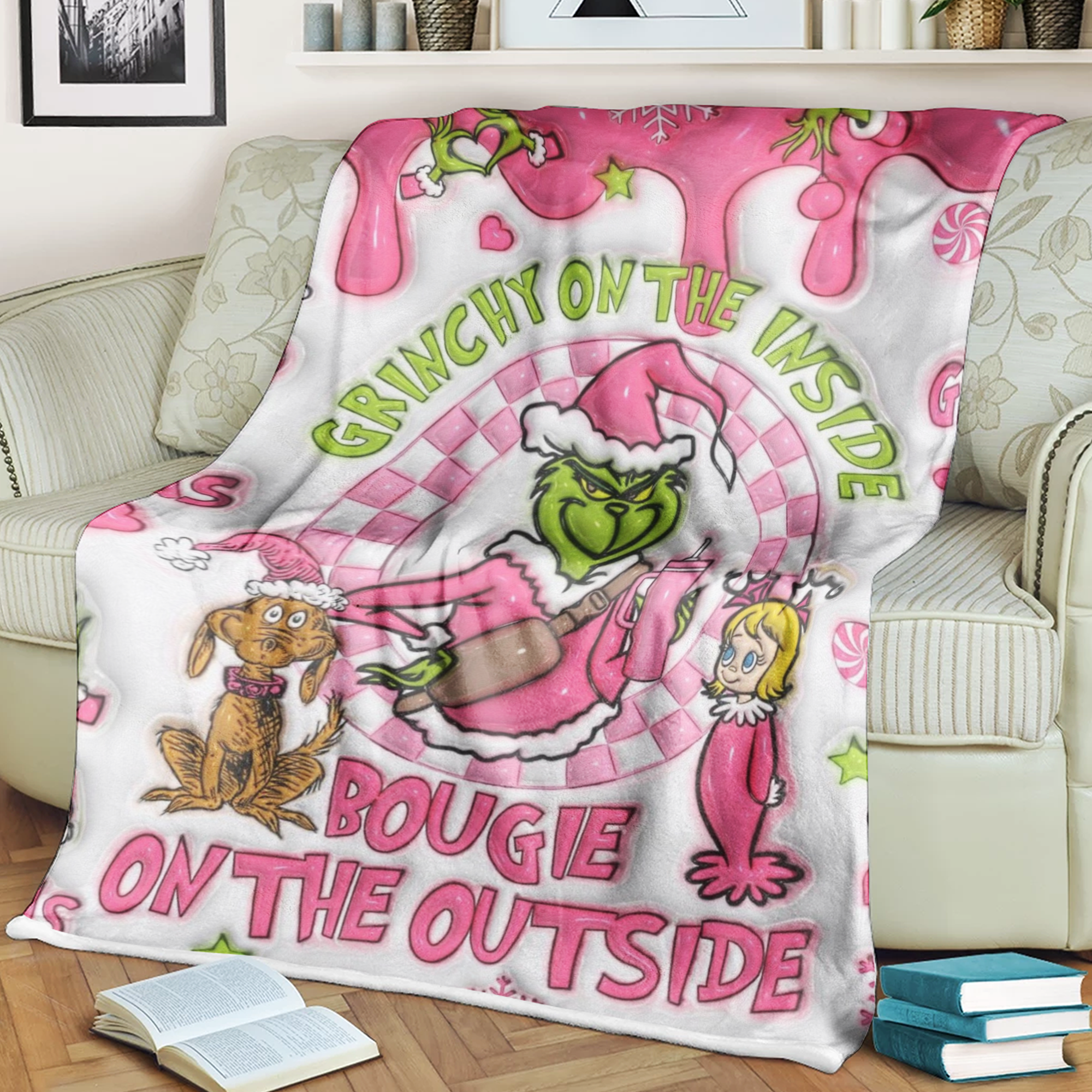 Grinchy On The Inside Bougie On The Outside Personalized Christmas Blanket, Christmas Gifts