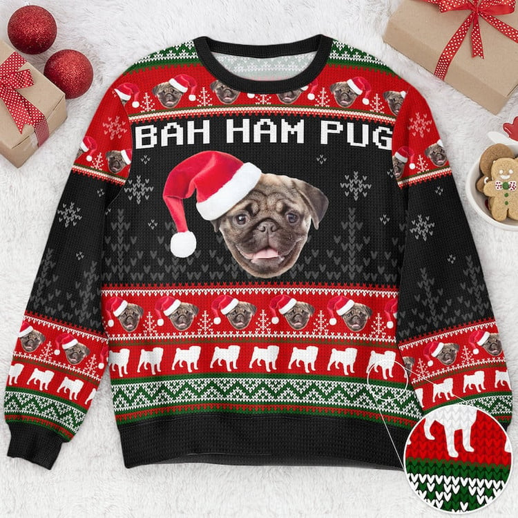 Bah Ham Pug Personalized Custom Name Photo Sweater, Unique Christmas Gift For Animal