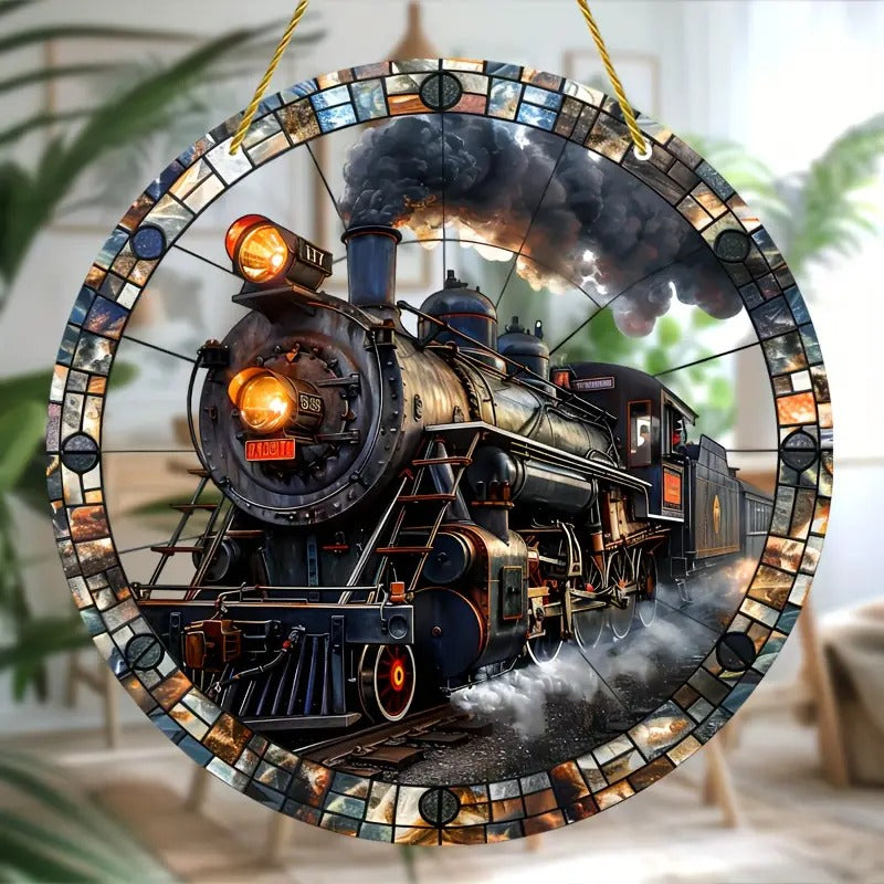 Vintage Stained Glass Steam Train & Railway Acrylic Window Suncatcher