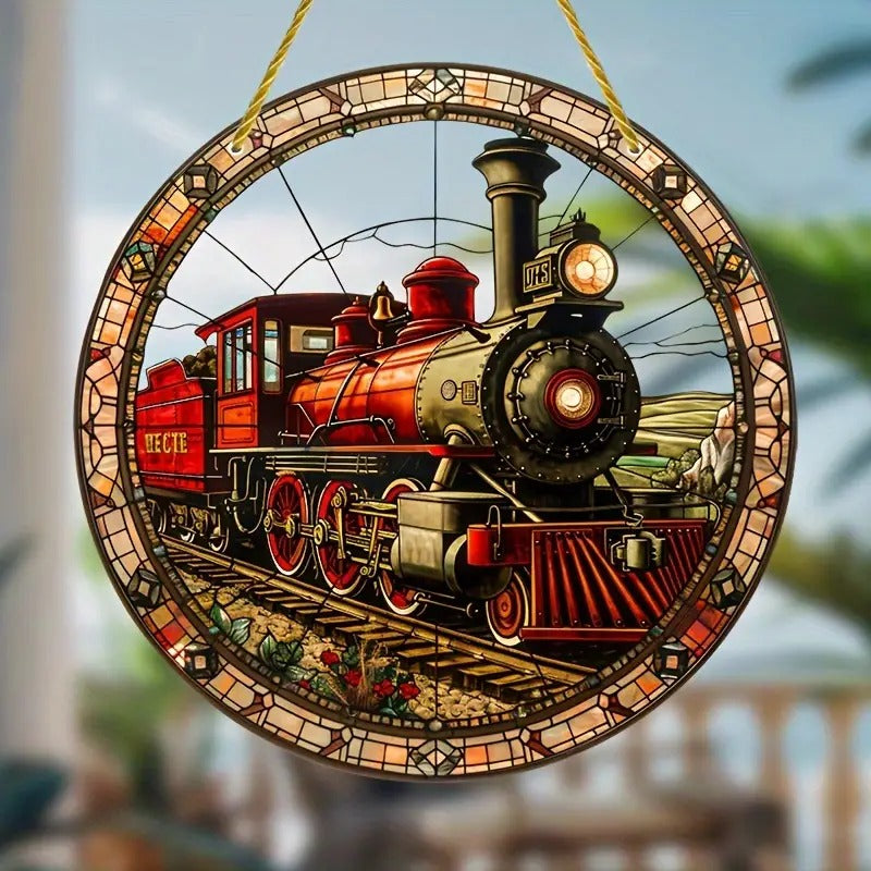 Vintage Stained Glass Steam Train & Railway Window Suncatcher