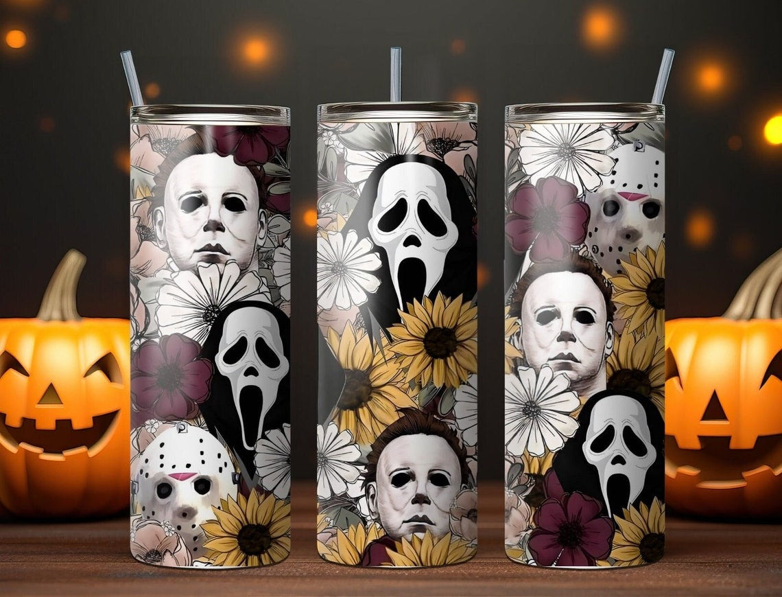 Horror Movie Characters Skinny Tumbler, Horror Movie Tumbler, 20oz Stainless Steel Tumbler