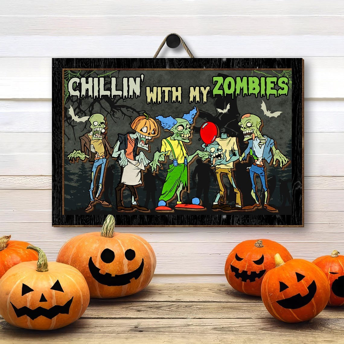 Chillin with My Zombies Funny 2 Layered Frame Wood Sign, Halloween Decor