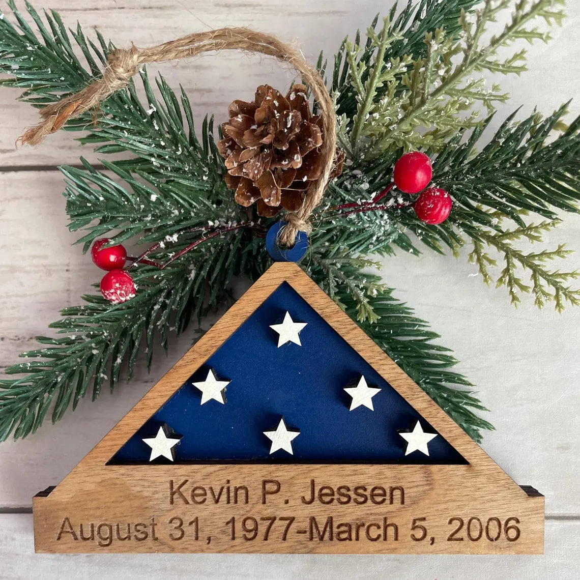 Personalized Veteran Flag Memorial Christmas Ornament, Military Soldier Memorial Keepsake