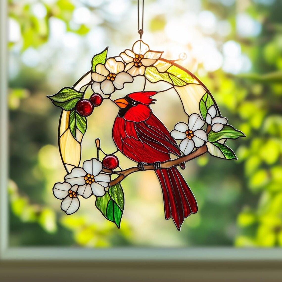 Red Cardinal Acrylic Suncatcher Ornament, Window Hanging Decor