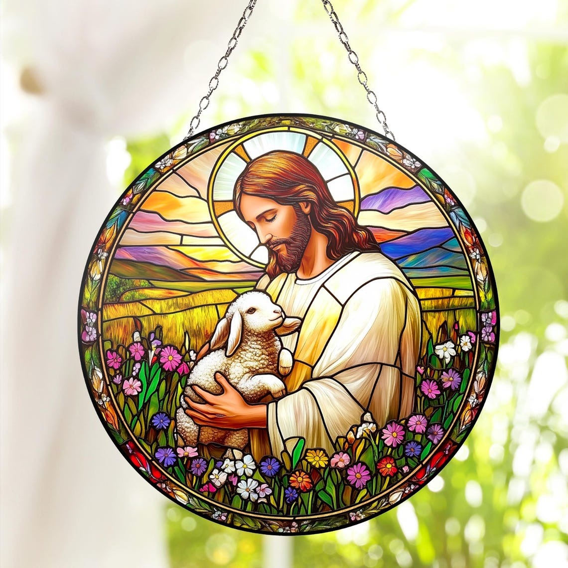 Jesus Hugging Sheep Acrylic Suncatcher Ornament, Christ Gift