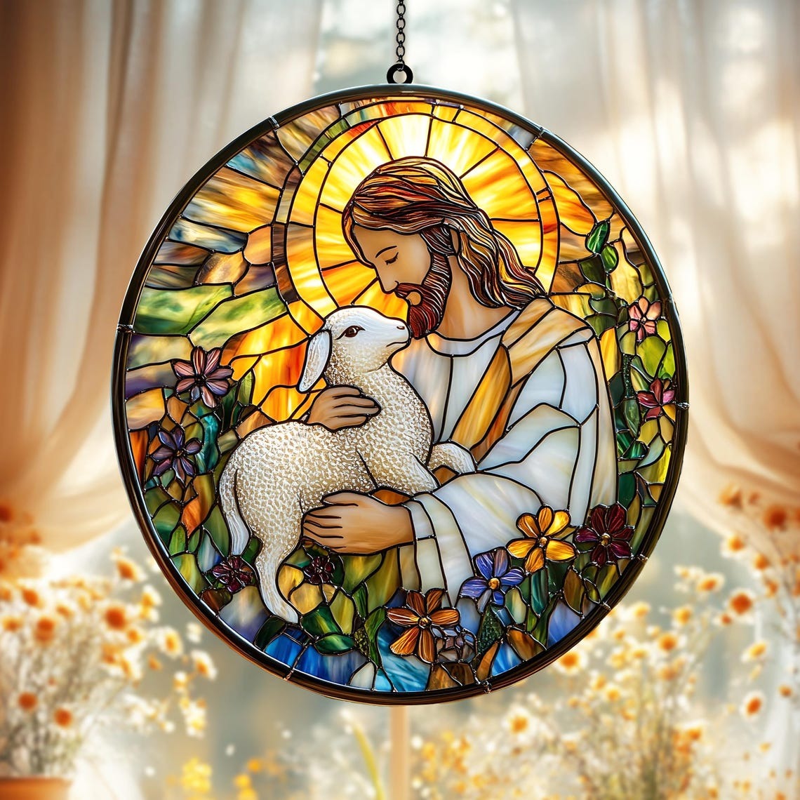 Jesus Hugging Sheep Acrylic Suncatcher Ornament, Christian Decor, Christ Gifts