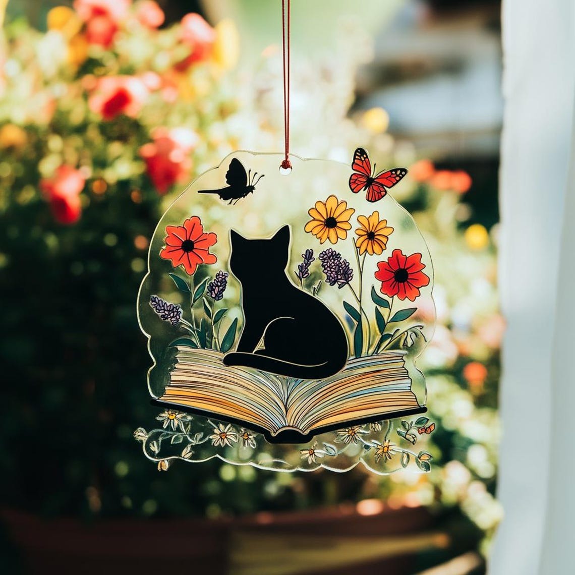 Floral Cat Lying On Book Acrylic Ornament, Library Wall Decor, Gift For Cat Lovers