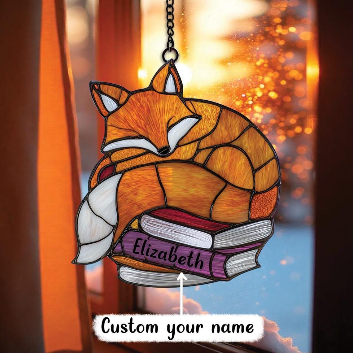 Fox On Book Acrylic Window Suncatcher Ornament, Book Lover Gift, Library Decor