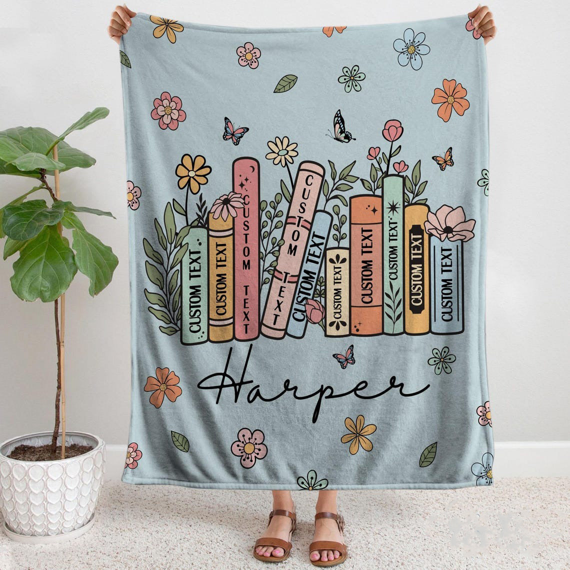 Custom Floral Book Blanket, Gift For Book Lover, Bookish Gifts