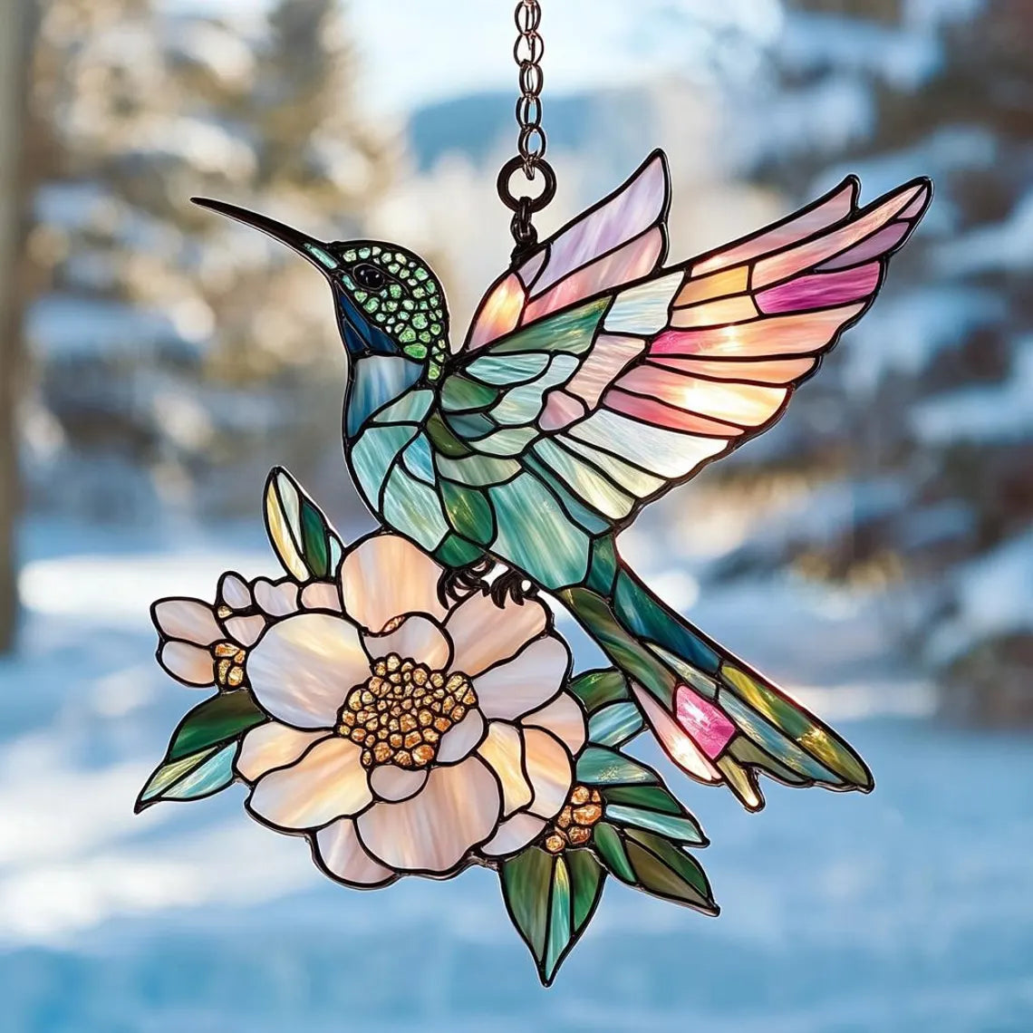 Hummingbird And Peony Flower Acrylic Ornament, Bird Lover Gifts