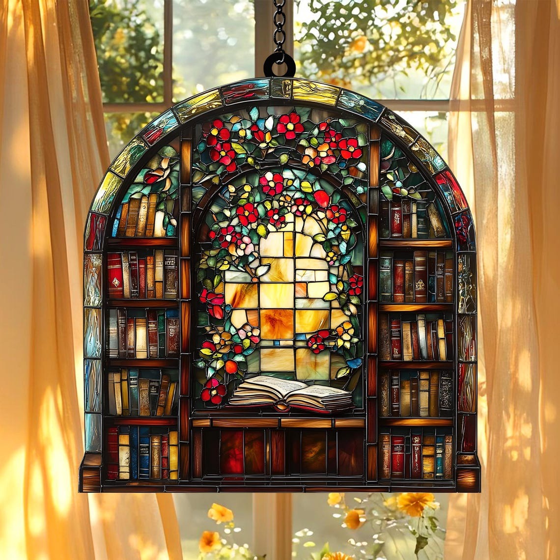 Library Bookshelf Acrylic Suncatcher Ornament, Book Lover Gifts