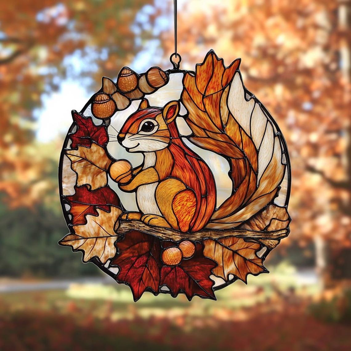 Squirrel Acorn Acrylic Suncatcher Ornament, Autumn Decor