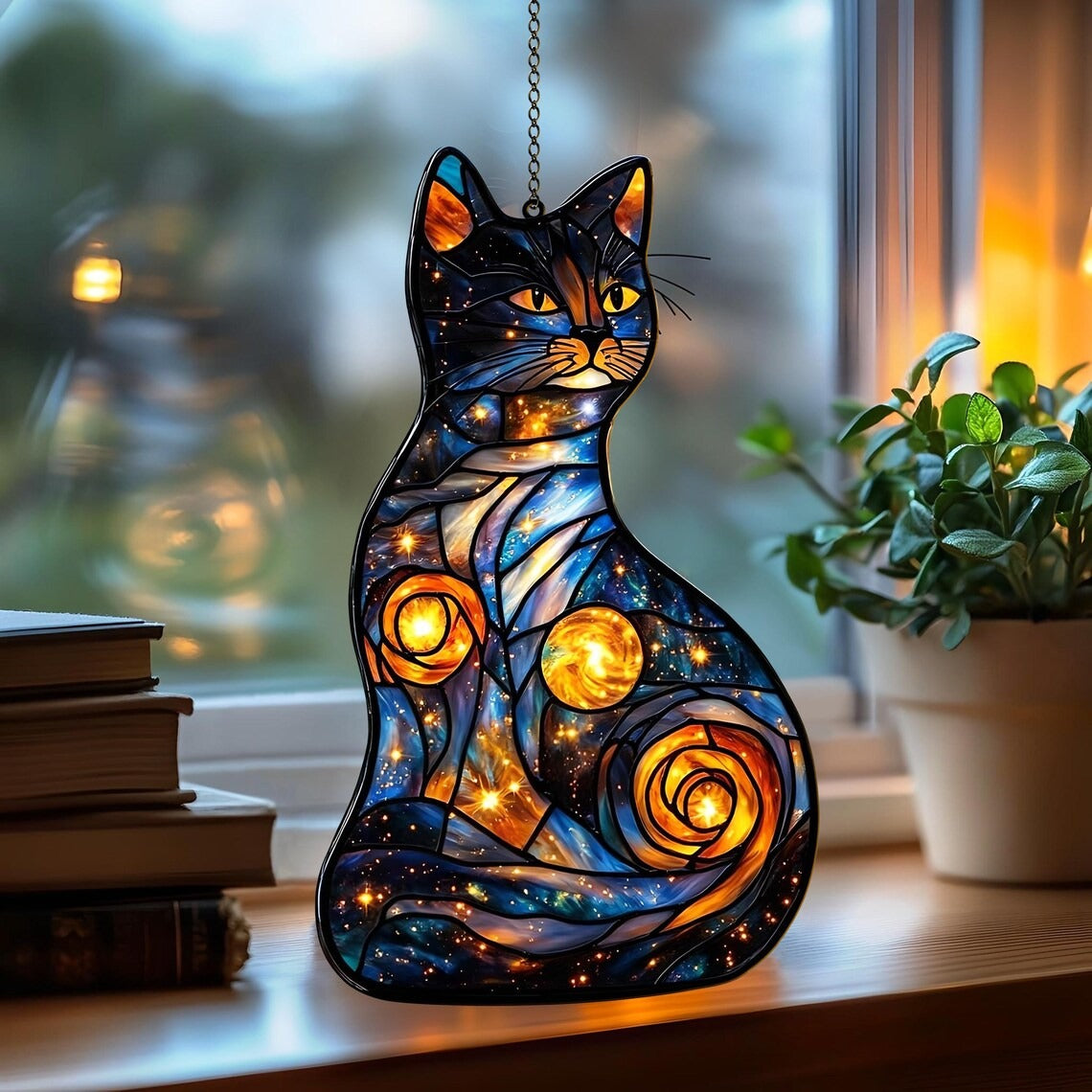 Black Cat and Moon Acrylic Suncatcher Ornament, Gift For Cat Lovers