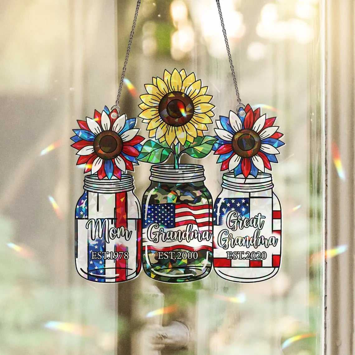 Custom Grandma Patriotic Suncatcher | 4th of July Holographic Acrylic Gift | Red White Blue Floral Window Decor | Mom Nana Gift