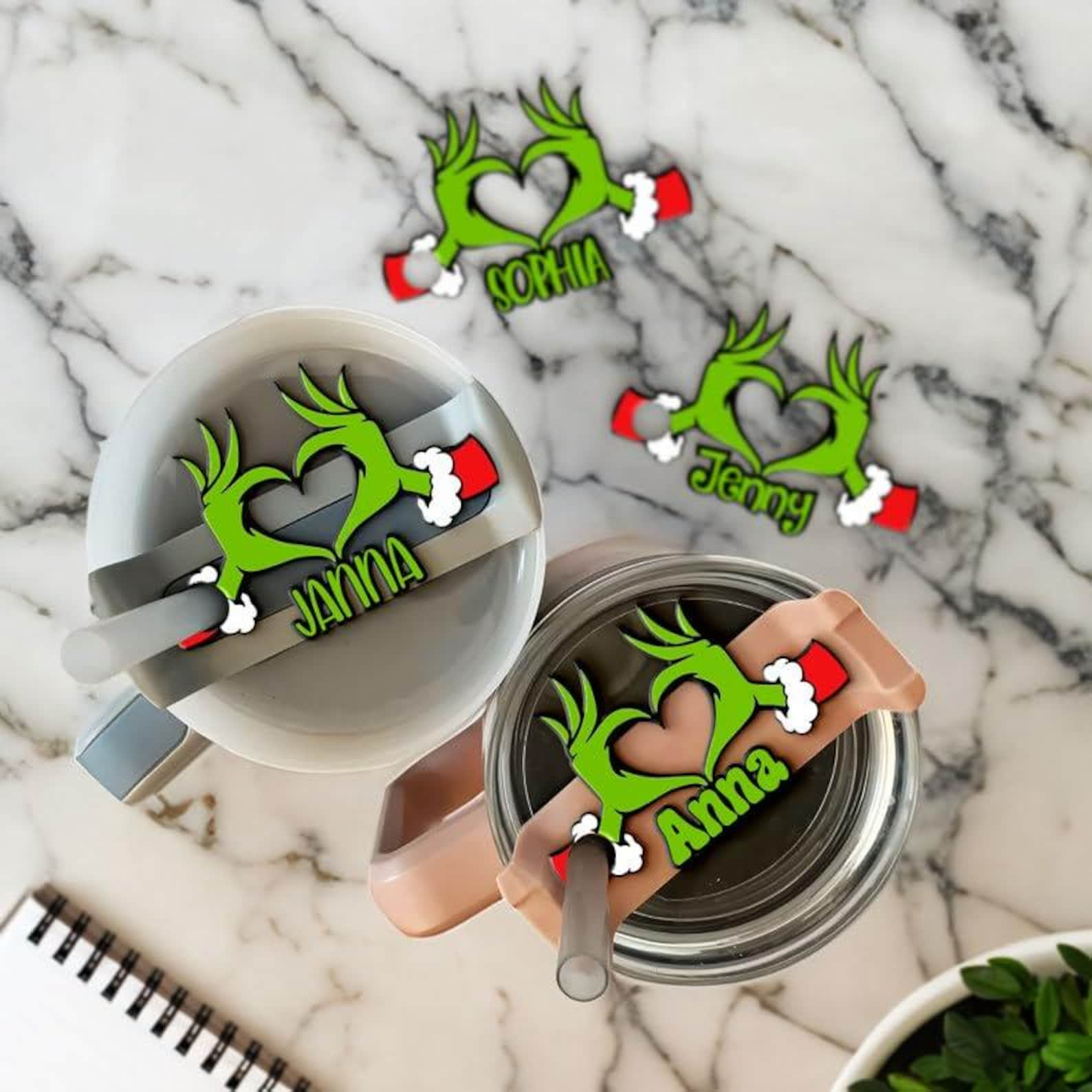 Grinch Heart Hands Stanley Name Plate, Custom Name Tumbler Topper, Christmas Gifts