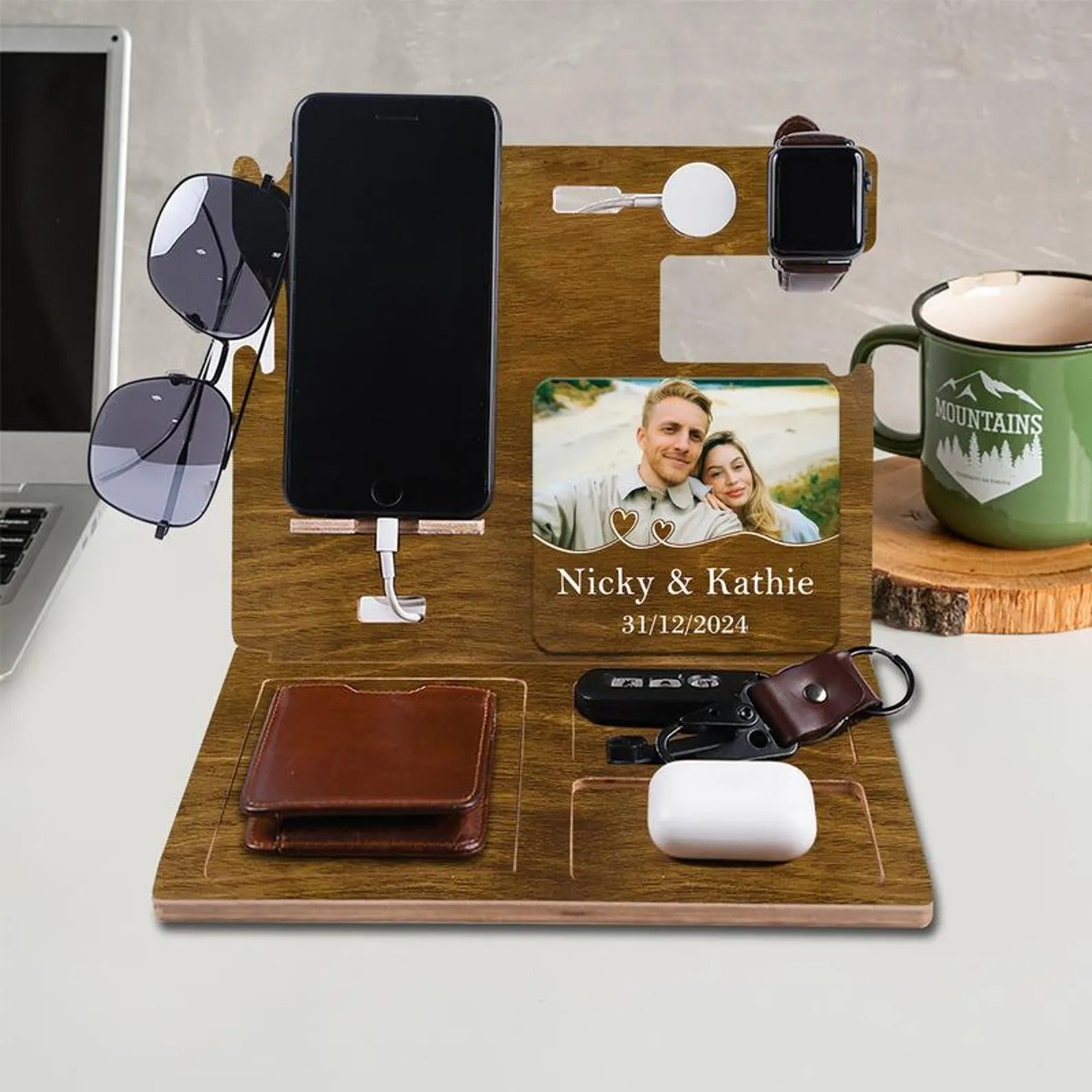 Wood Docking Station, Docking Station With Acrylic Photo, Home Decor, Father's Day Gift for Dad, Husband or Him