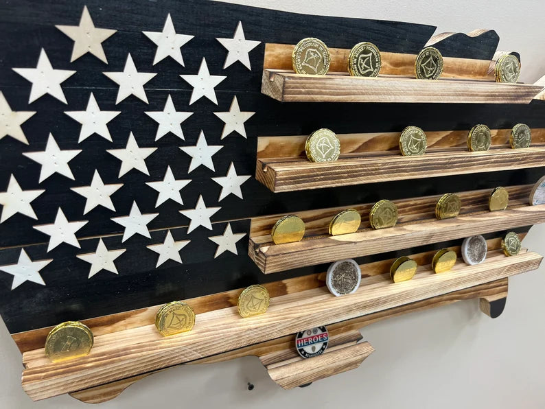 Subdued American USA Flag Challenge Coin Display, Gifts For Veterans