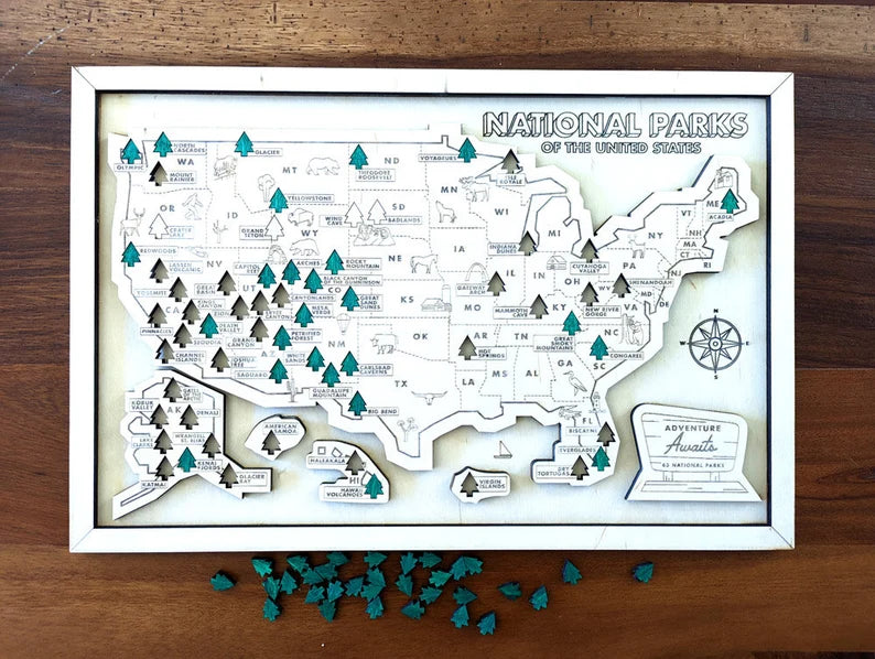 Personalized National Park Checklist Wooden Map With Pins, US Wood Wall Art Home or Office Decor