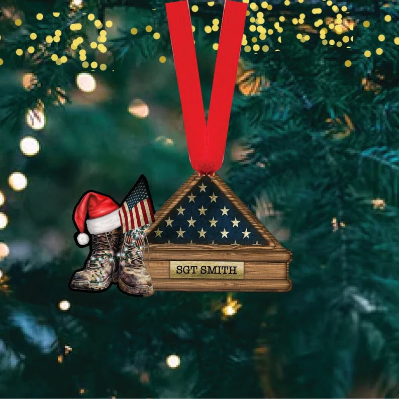 Personalized  Military Soldier Memorial Christmas Ornament, Flag Military Ornament, Gift For Veteran