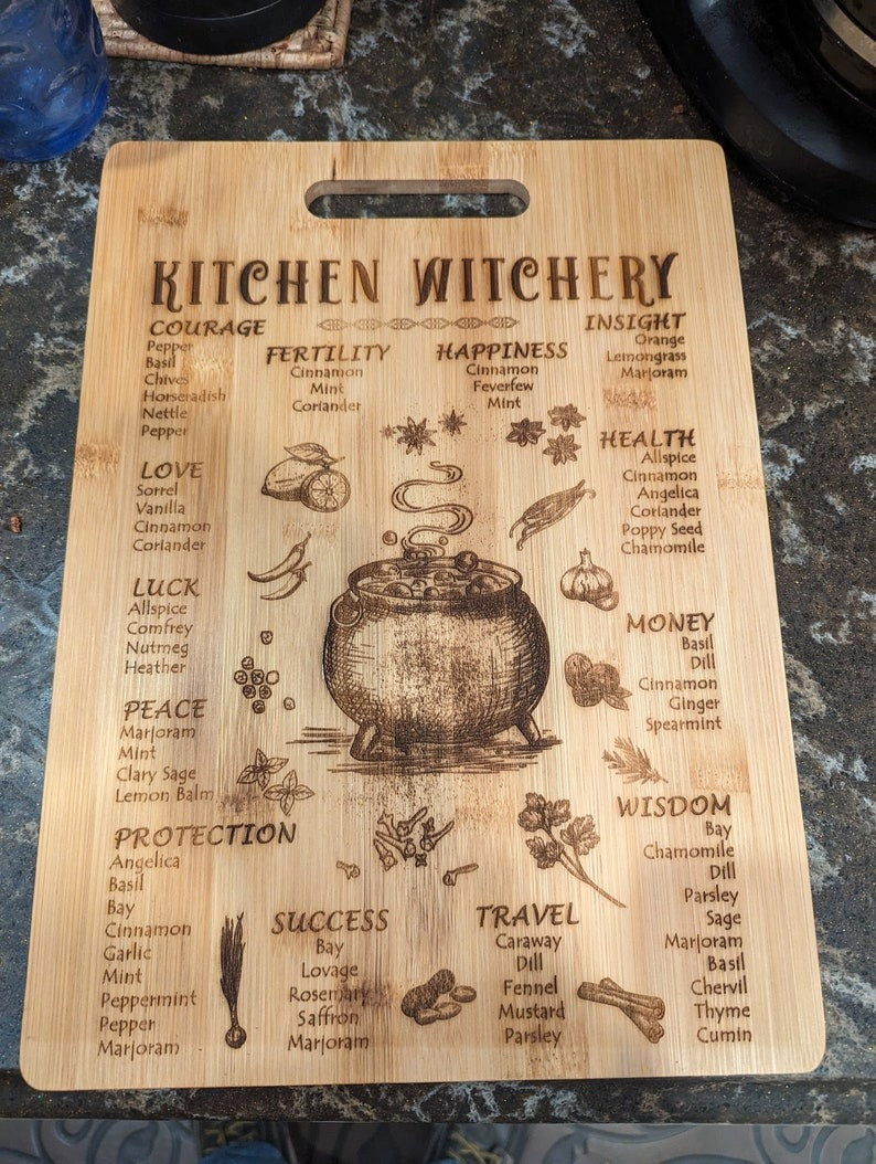 Kitchen Witchery Ingredients Engraving Wooden Cutting Board, Spices And Their Meanings, Halloween Gift