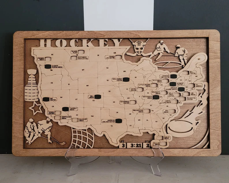 Hockey Arenas Wood Map Tracker, Hockey Gift