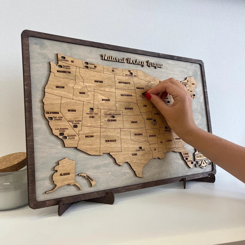 Personalized Hockey Custom Wood Map Tracker, Unique Gift For Dad