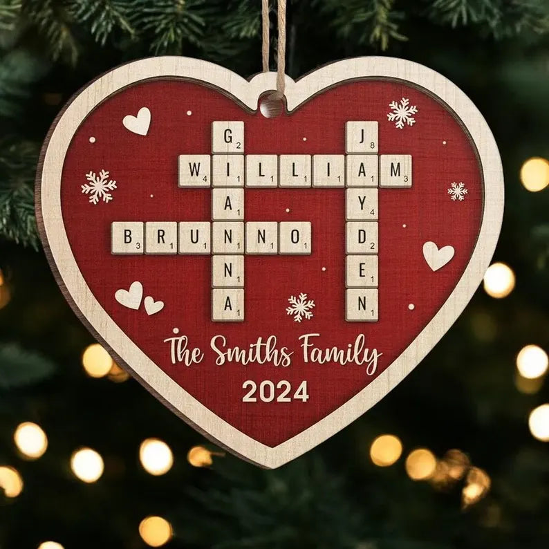 Grandkids Crossword Puzzle Wooden Ornament, Personalized Family Gifts, Wooden Tree Decorations