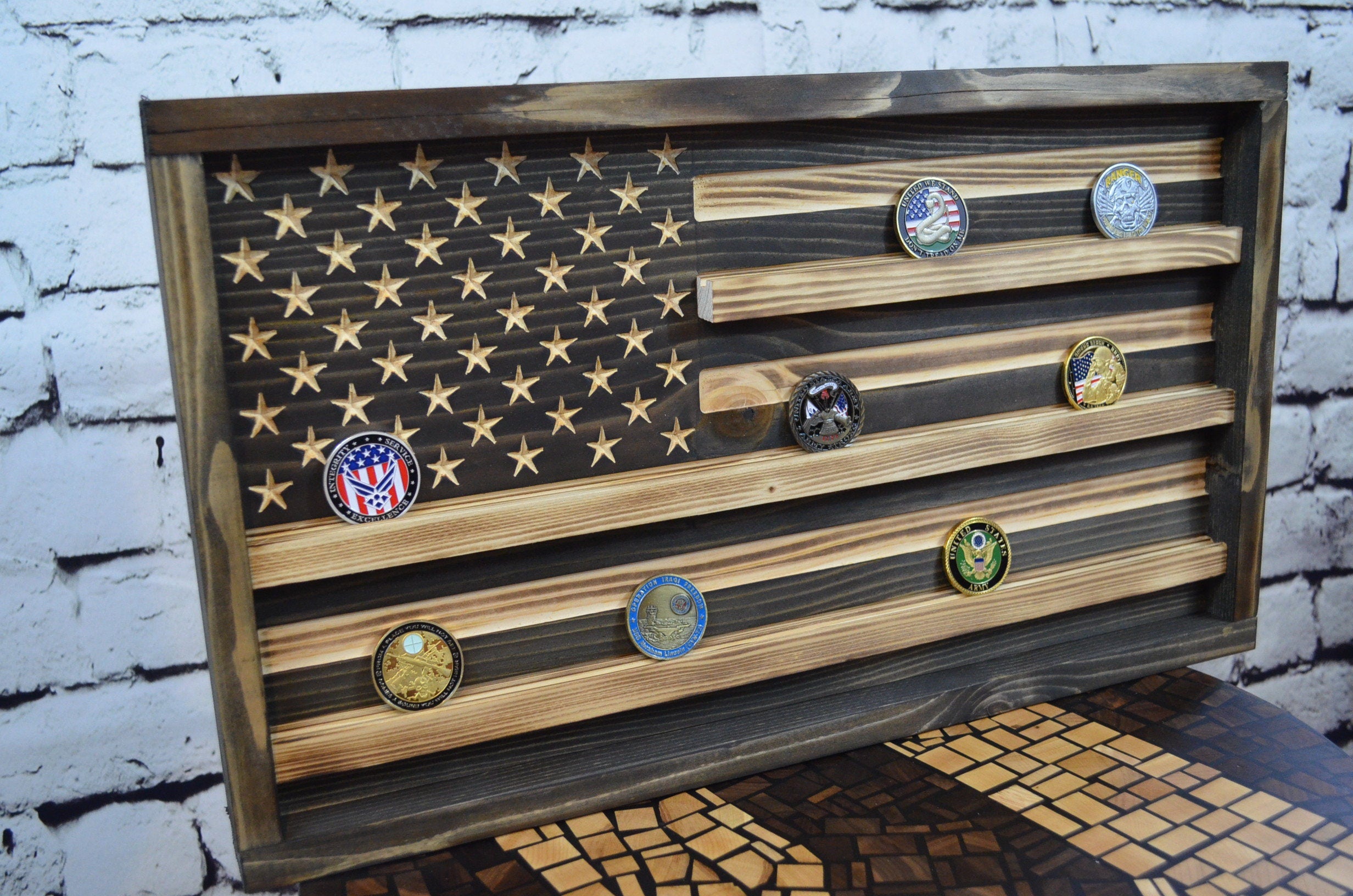 Challenge Military Coin Holder, Custom Rustic Wooden American Flag Display