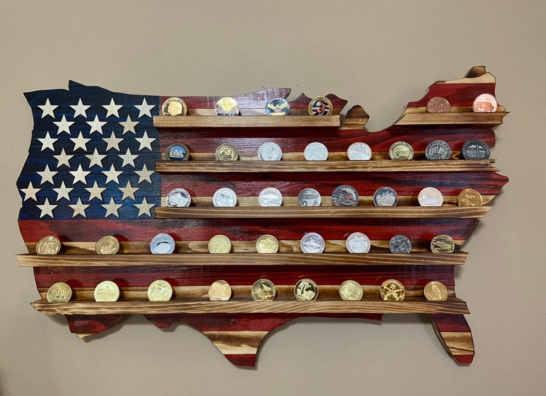 Military Challenge Coin Display Holder Rustic American Wooden Flag, Gifts For Retired Military