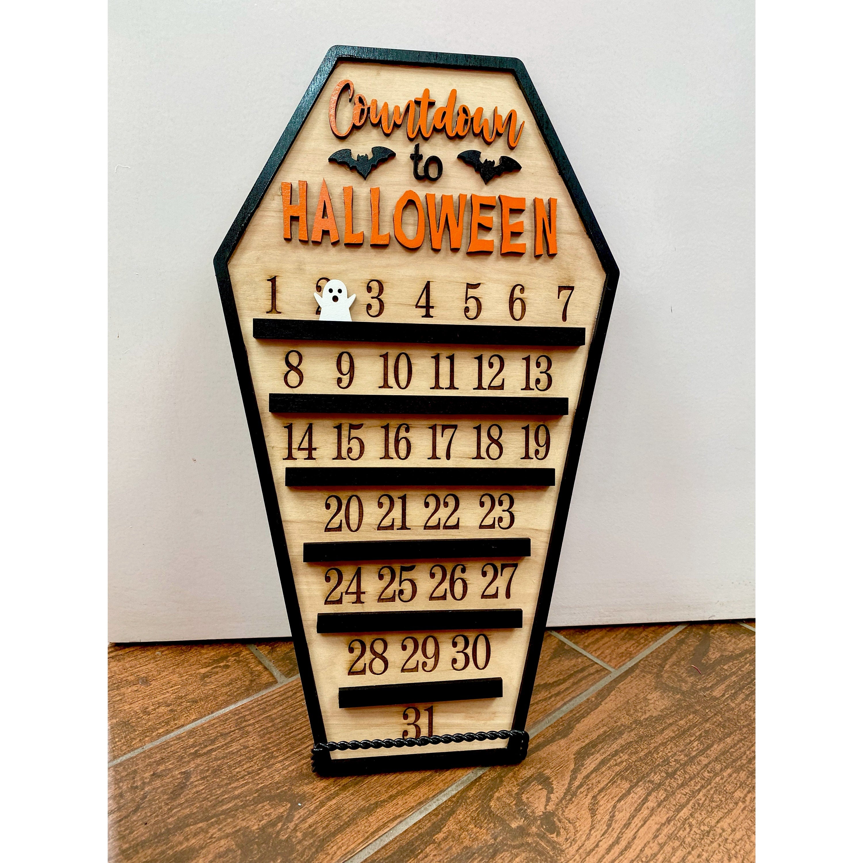 Countdown To Halloween Wooden Coffin Sign With Movable Ghost, Advent Calendars Halloween Decor