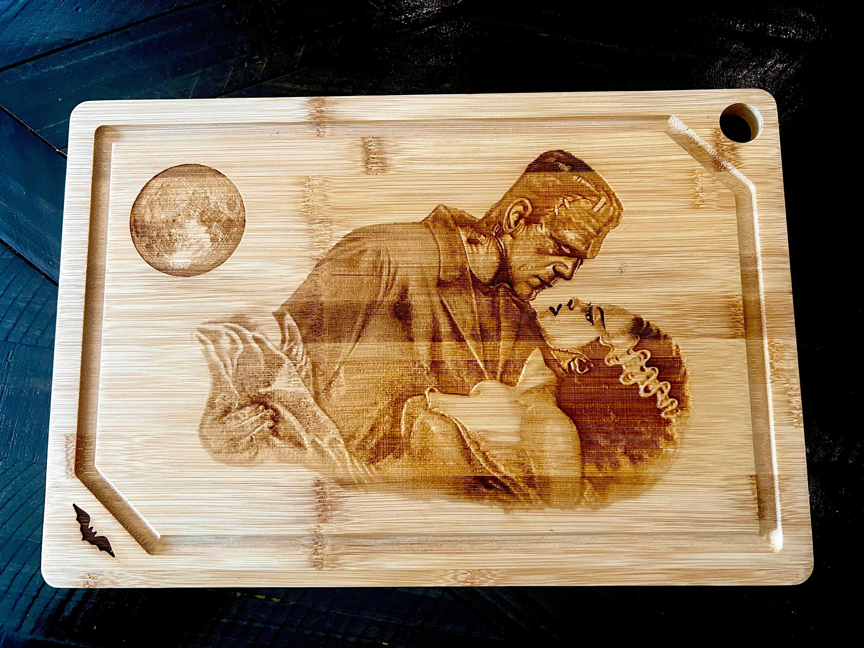 Frankenstein and Bride Embraced Engraved Wooden Cutting Board, Classic Monsters Gothic Kitchen Sign