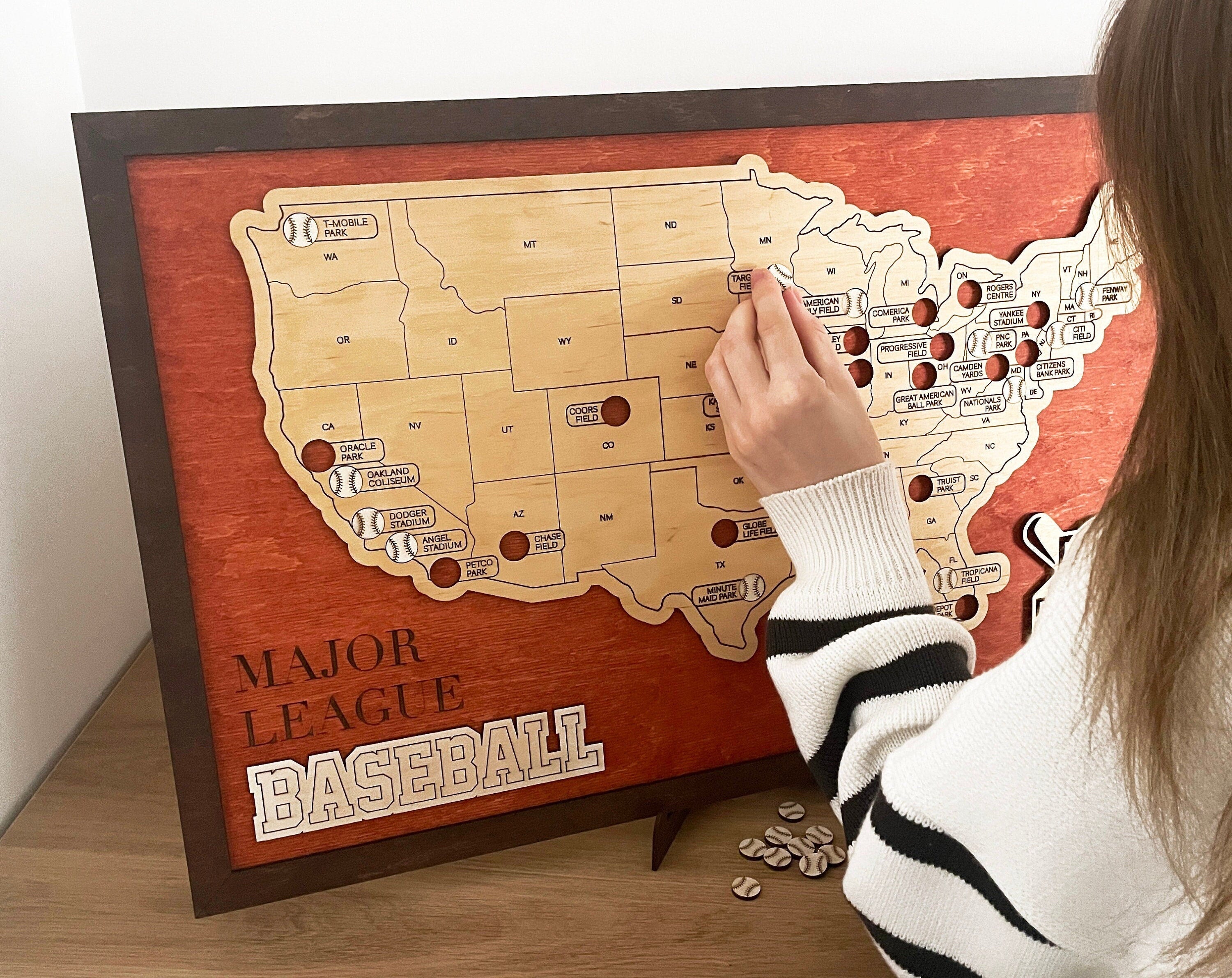 Personalized Baseball Major League Stadium Travel Pin Map, Great American Ballparks Bucket List Wooden Map Tracker