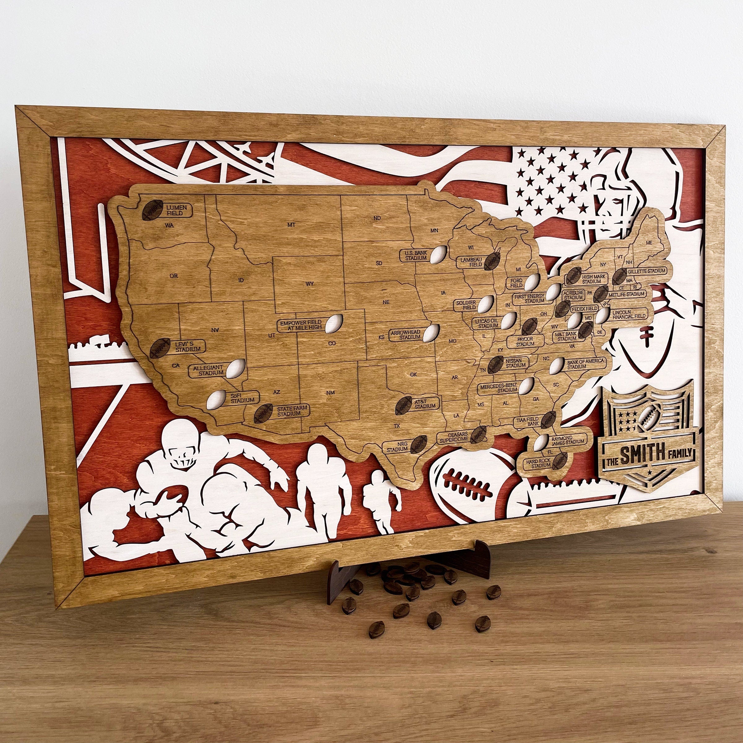 Custom Football League Stadium Map With Pins, National Football Stadium US Wooden Map Tracker