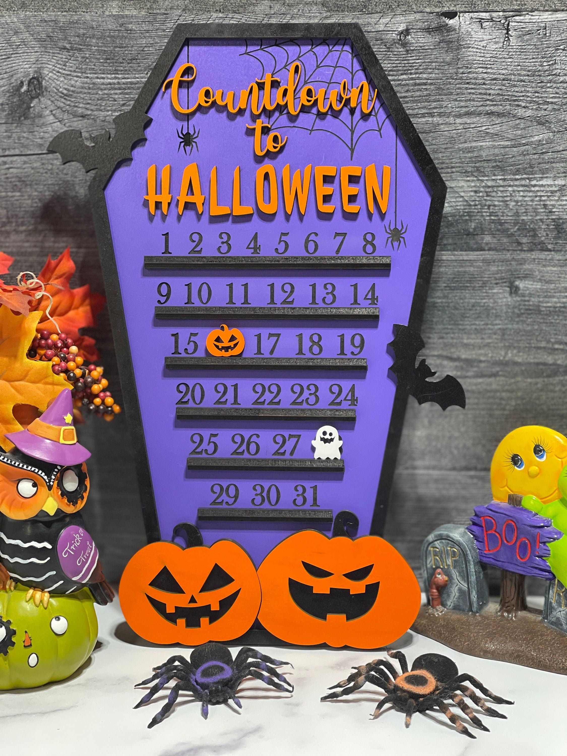 Halloween Countdown Calendar with Pumpkins Ghosts Spiders and Bats, Halloween Decor