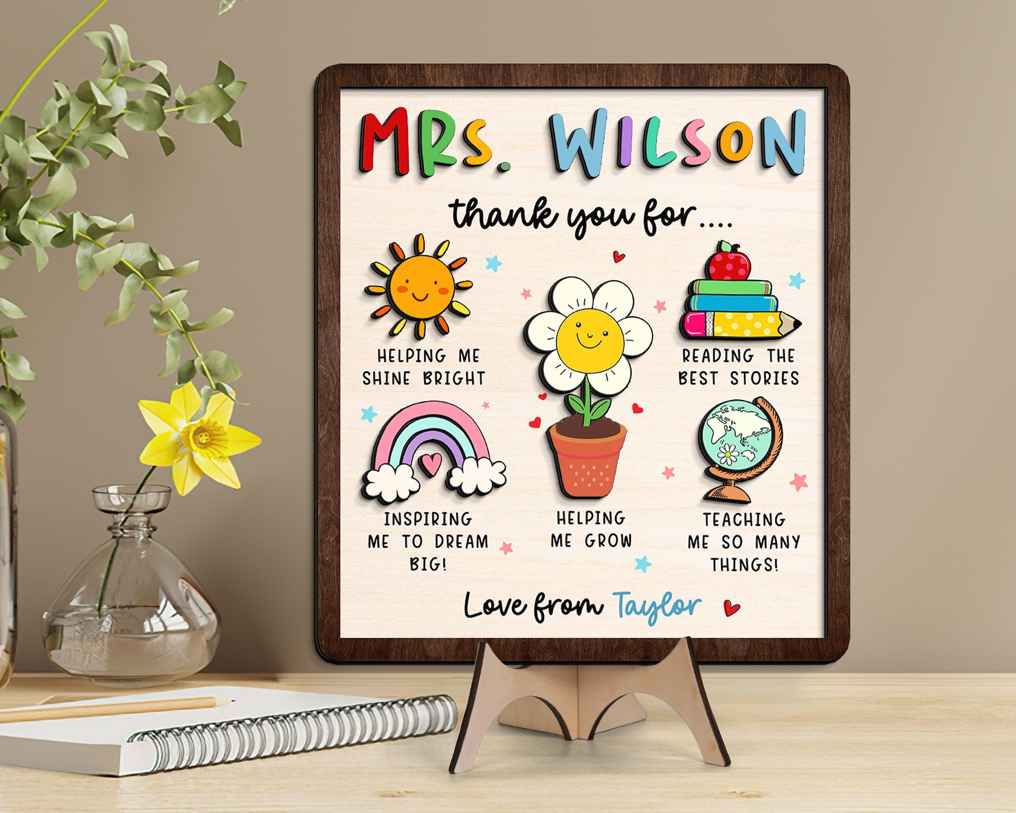 Personalized Kindergarten Teacher Wooden Sign With Stand, Back To School Gifts