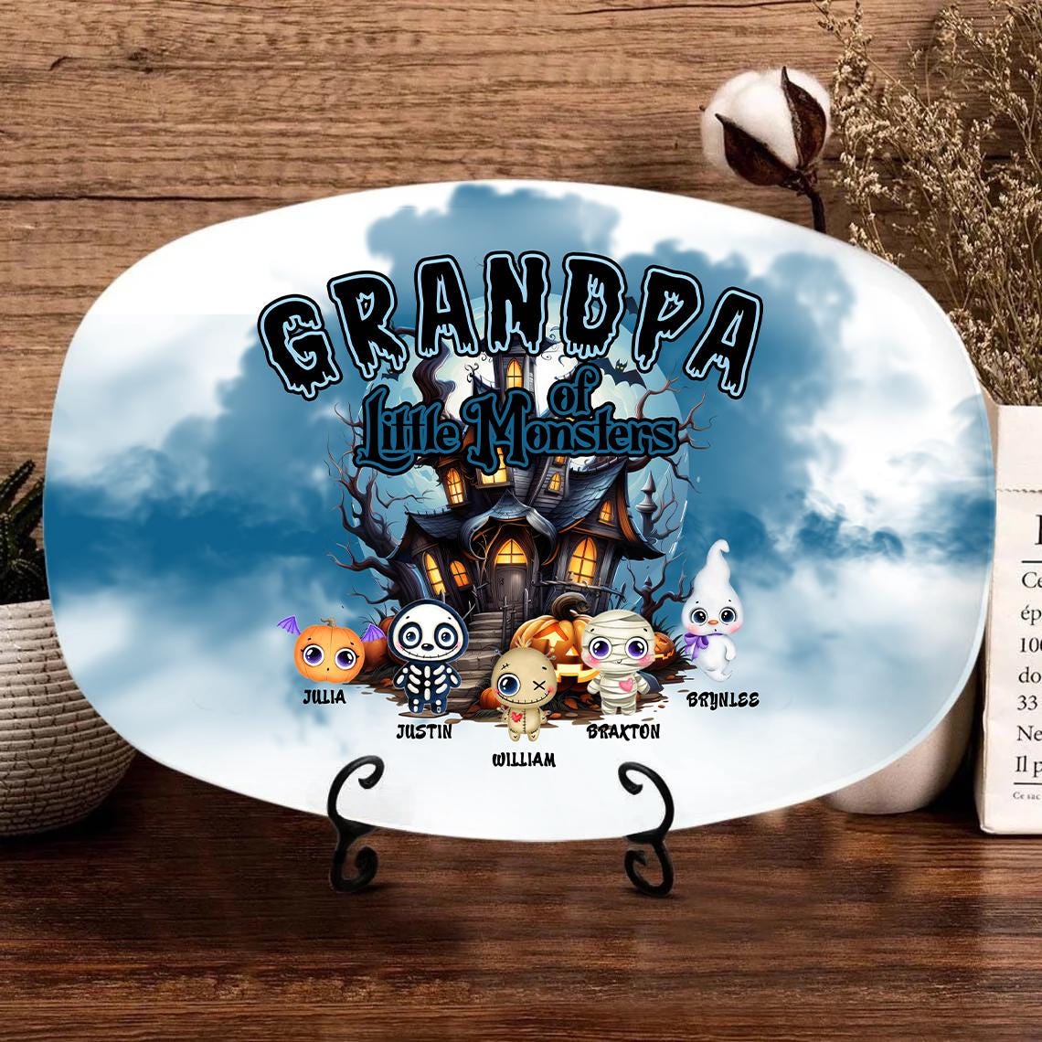 Personalized Grandpa of Little Monsters Plate With Kids Name, Halloween Decor