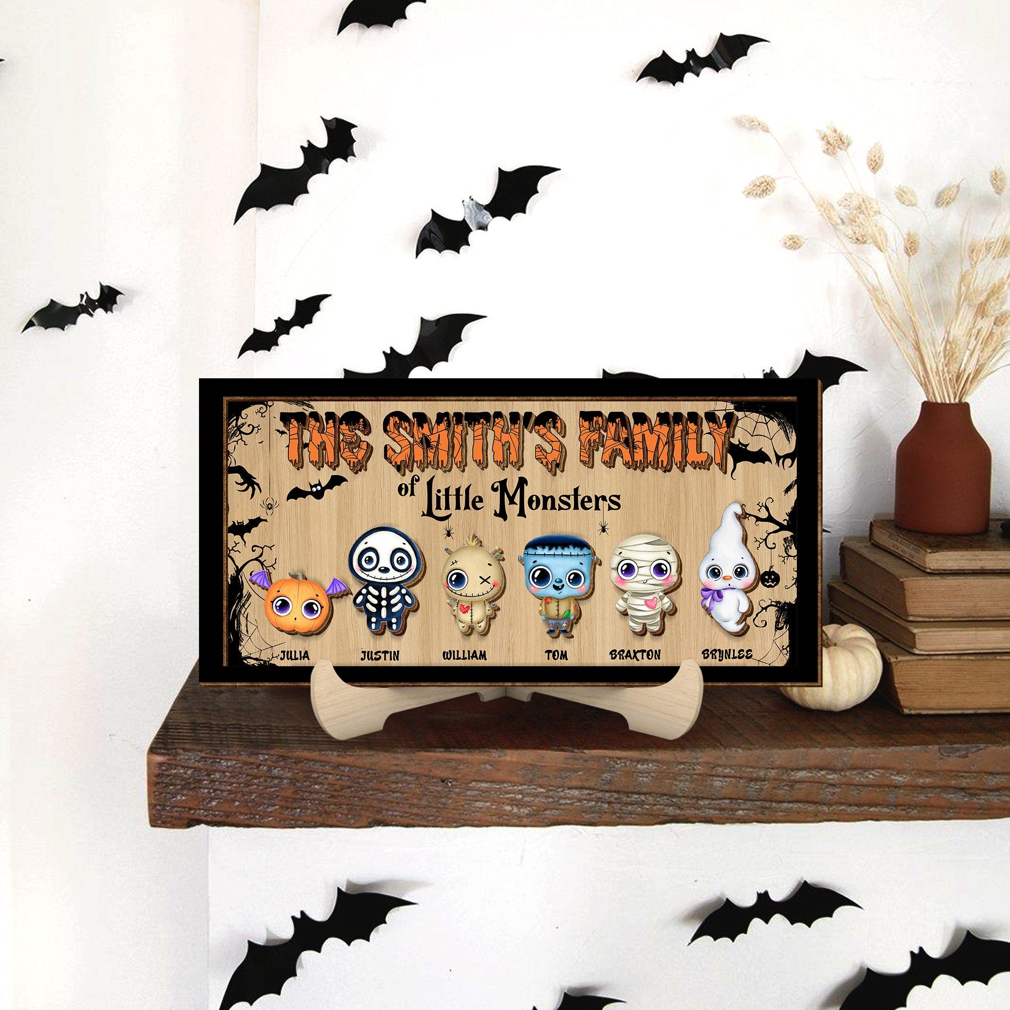 Personalized Family of Little Monsters Wood Frame, Horror 2 Layered Wooden Sign, Halloween Decor