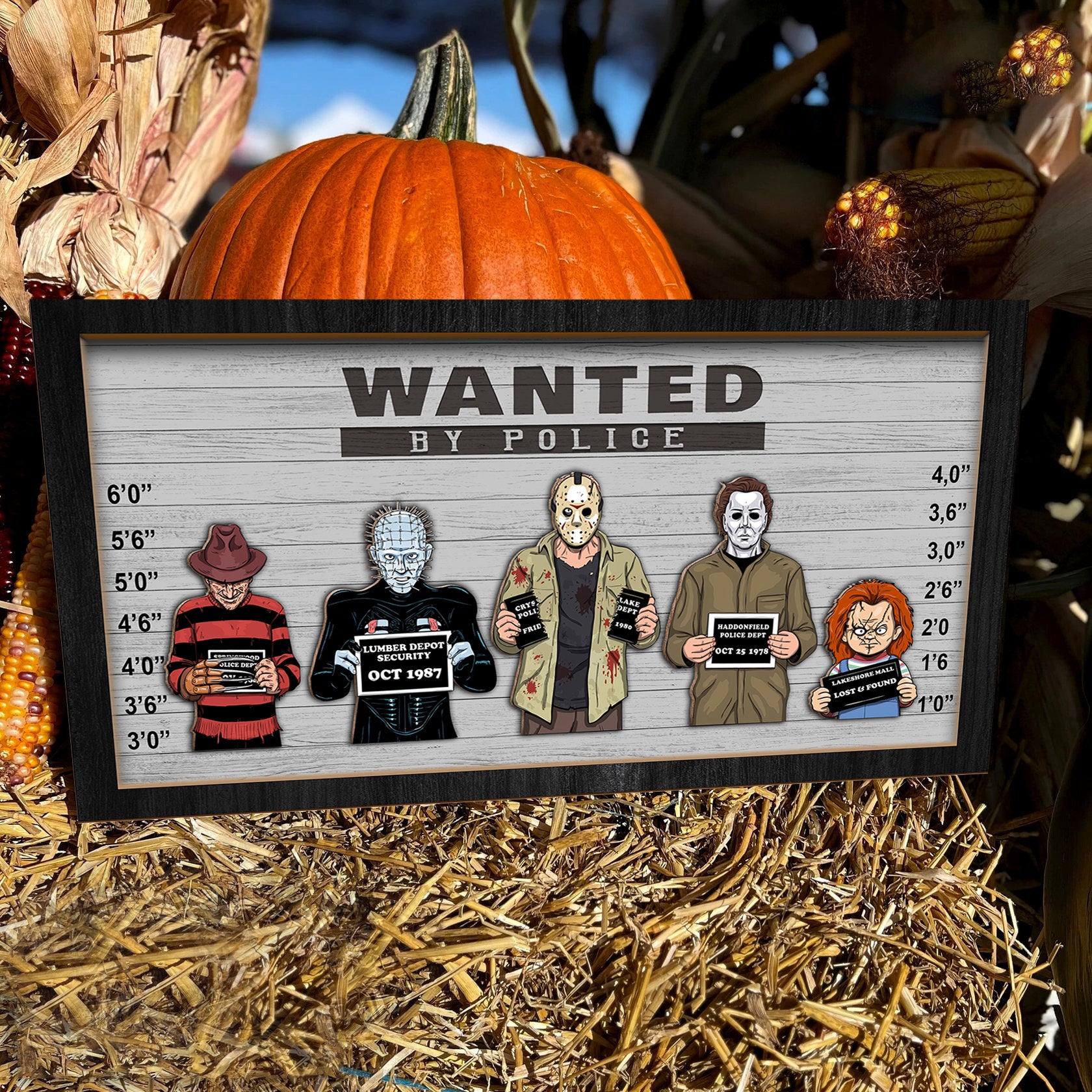 Wanted By Police Horror Gift For Father's Day, Villains Police Line Up Frame 2 Layered Wood Sign