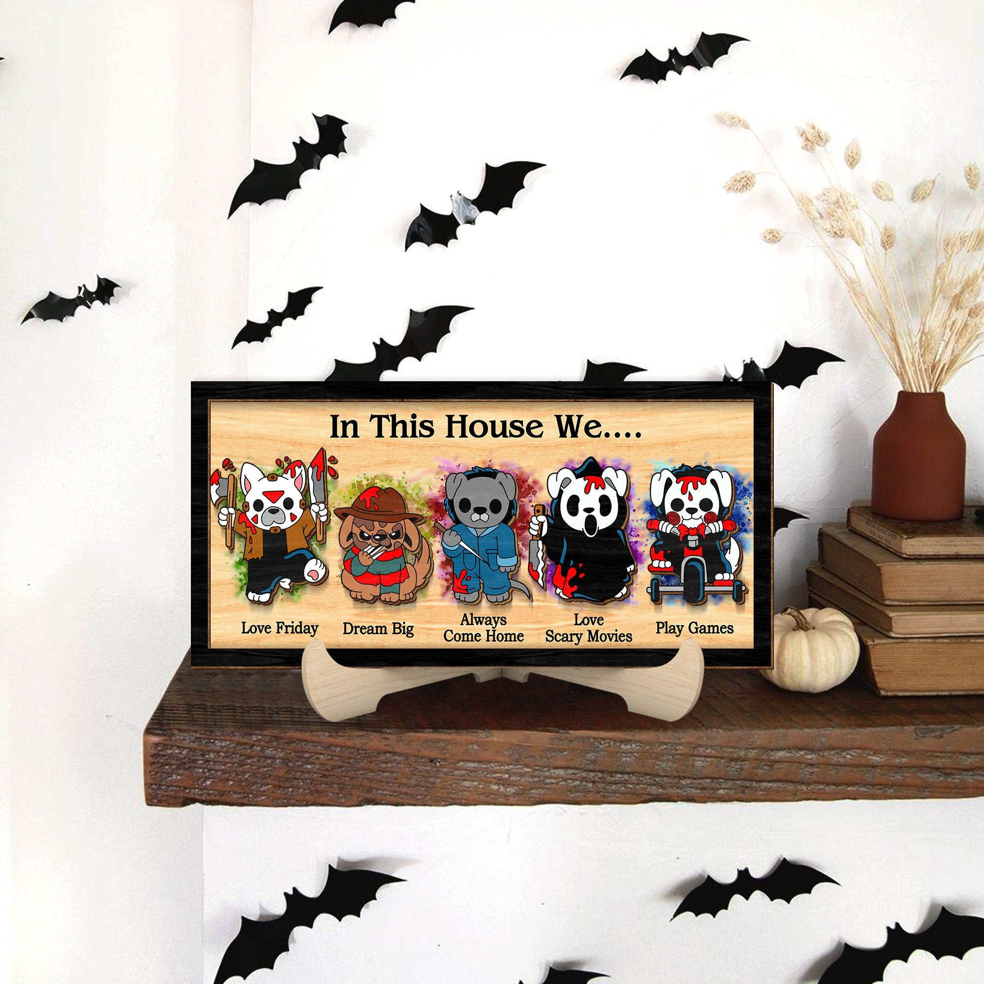 In This House We Halloween Horror Custom Characters Frame Wooden Sign, Halloween Gift