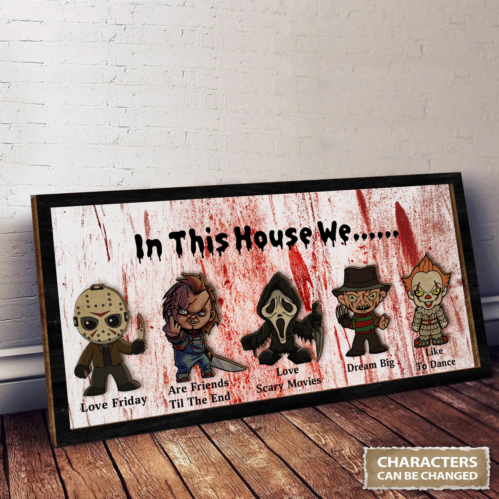 In This House We Horror Movie Characters Halloween Wood Sign, Halloween Decor