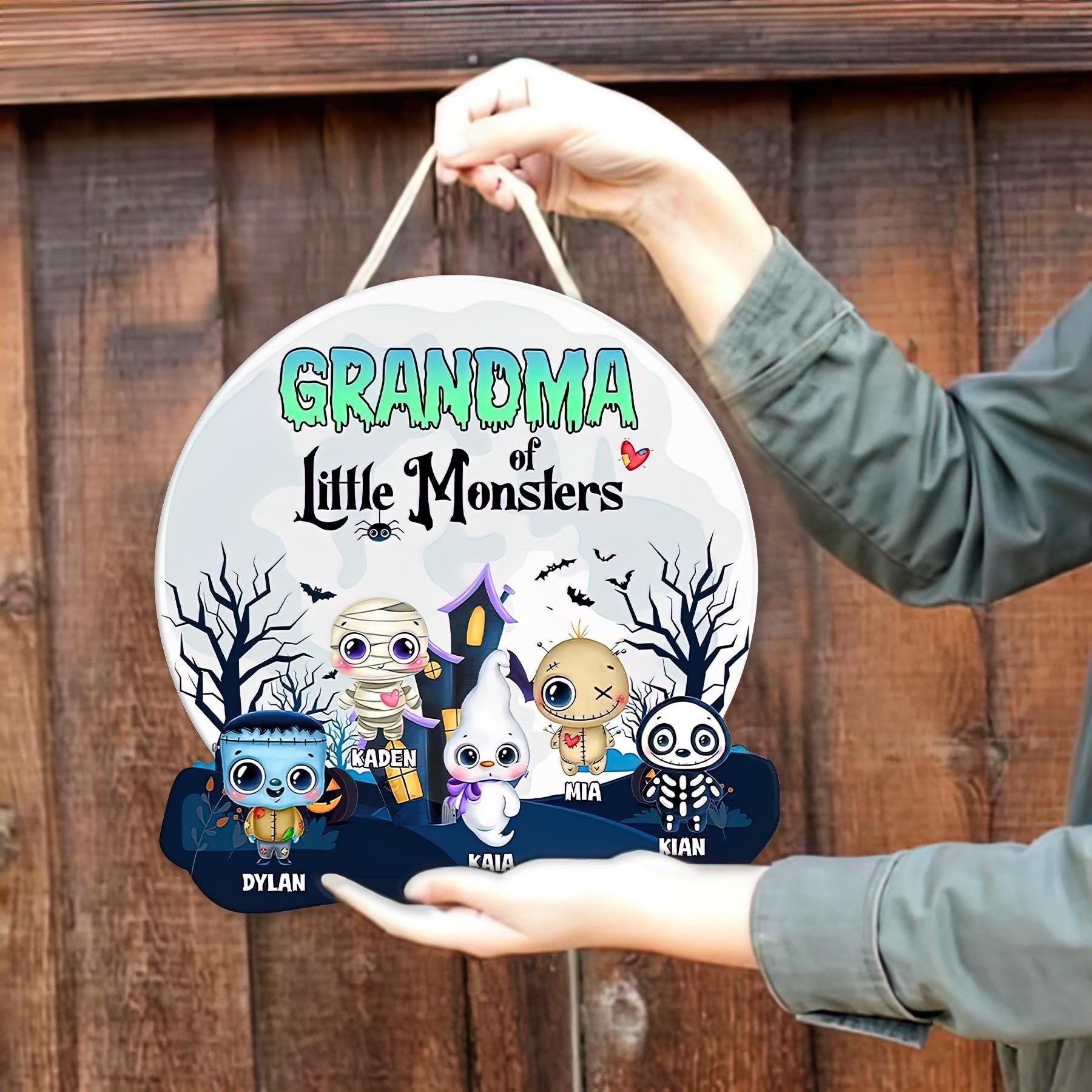 Custom Grandma of Little Monsters Characters with Grandchild Name Wooden Sign, Halloween Decor