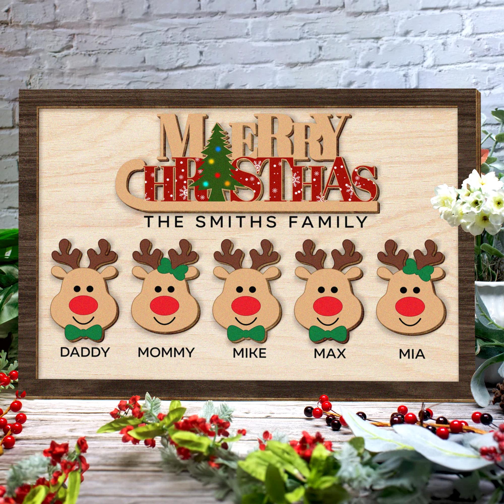 Merry Christmas Reindeer Personalized Christmas Wood Sign, Christmas Gift For Family