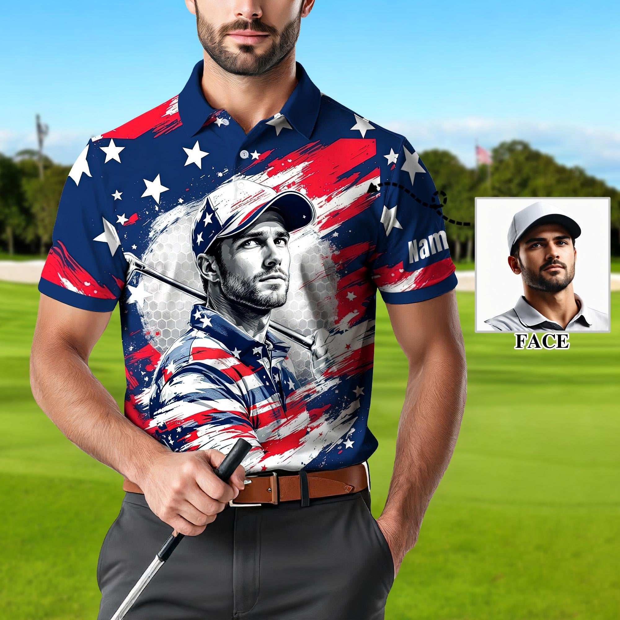 Men's Custom Face Golf Polo Shirt - American Flag Patriotic Gift for Him, Personalized July 4th Shirt, USA Independence Day Golf Tee