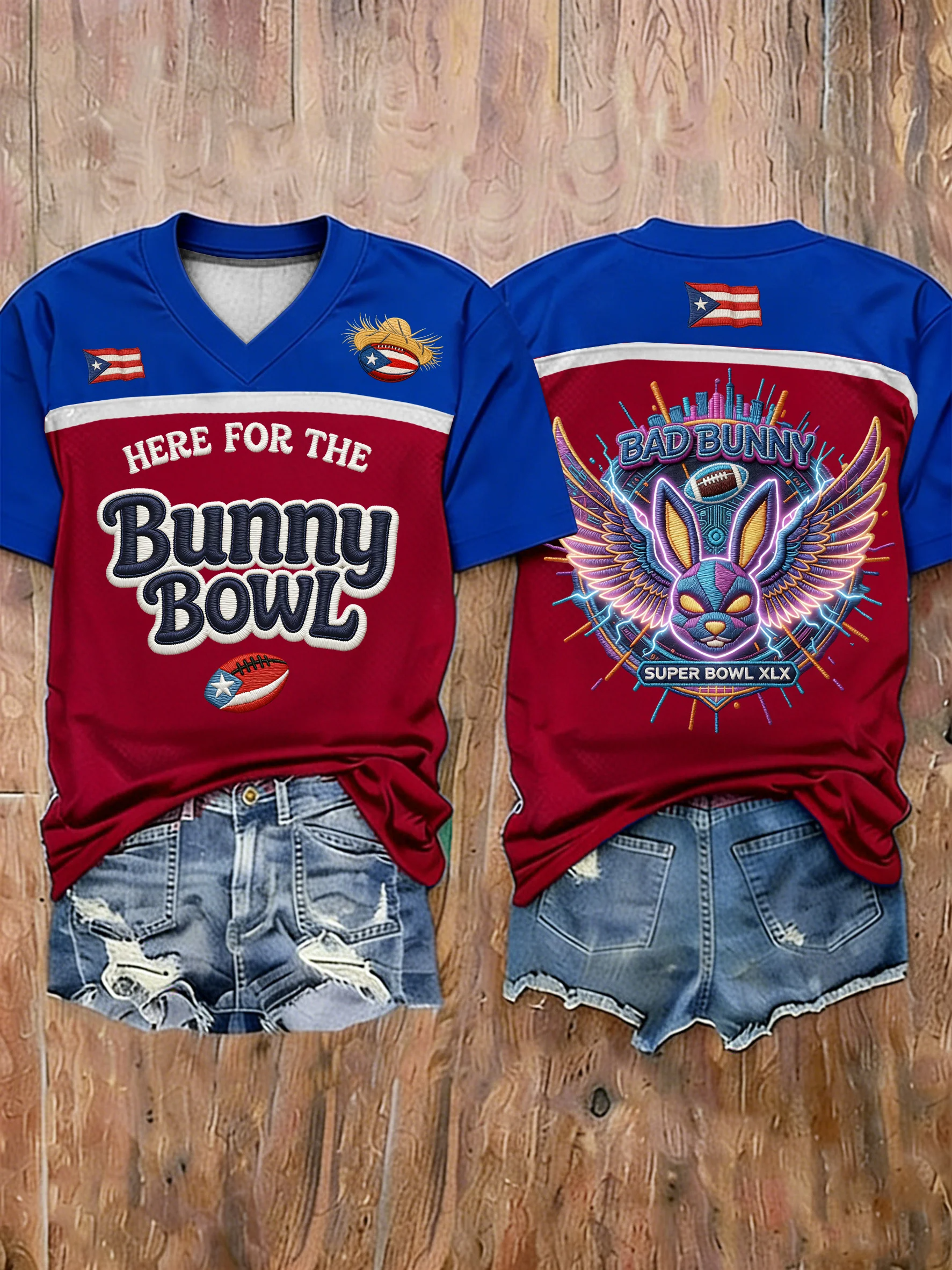 Here For Bunny Bowl 2026 Blue Red Shirt, Bad Bunny Puerto Rico Tee, Game Day Shirt, LX Super Bad Game Day Bunny Shirt